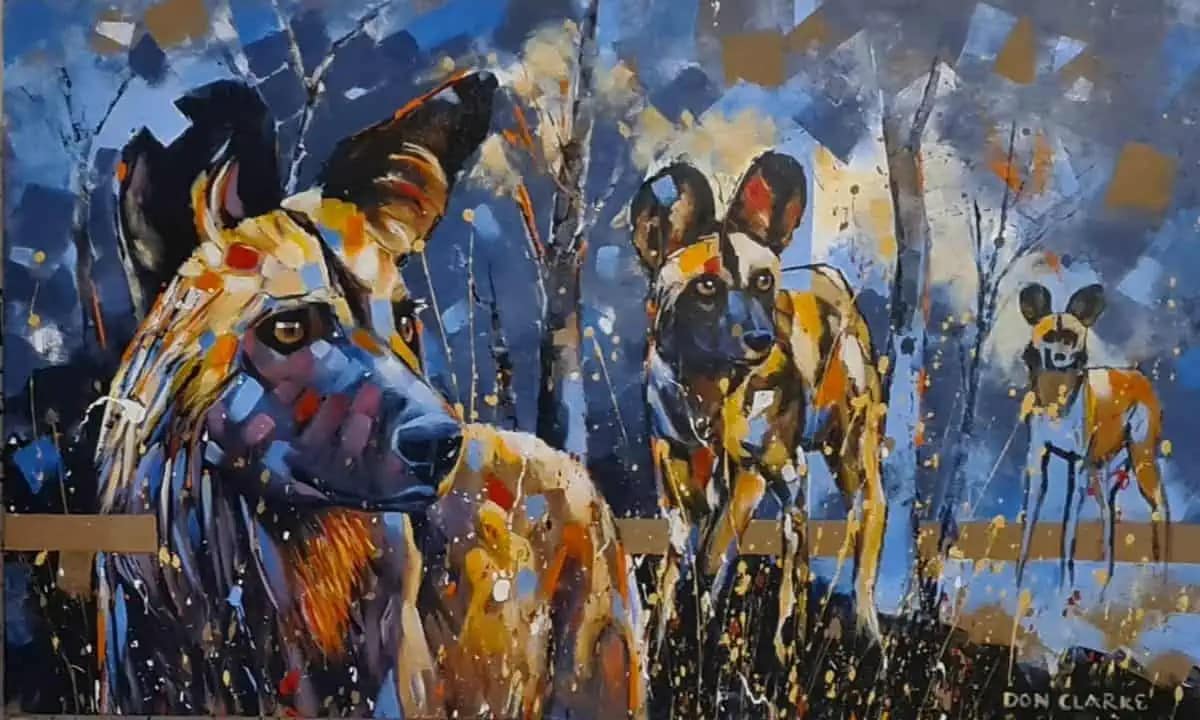Night Pack abstract wild dog painting by Don Clarke Wildlife Artist